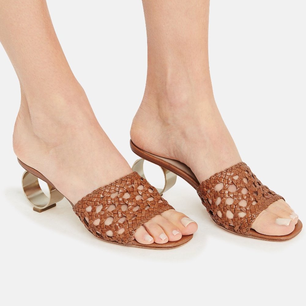 Loeffler Randall Brette Brown Woven Sandal With Metallic Rond Circular Heel 7